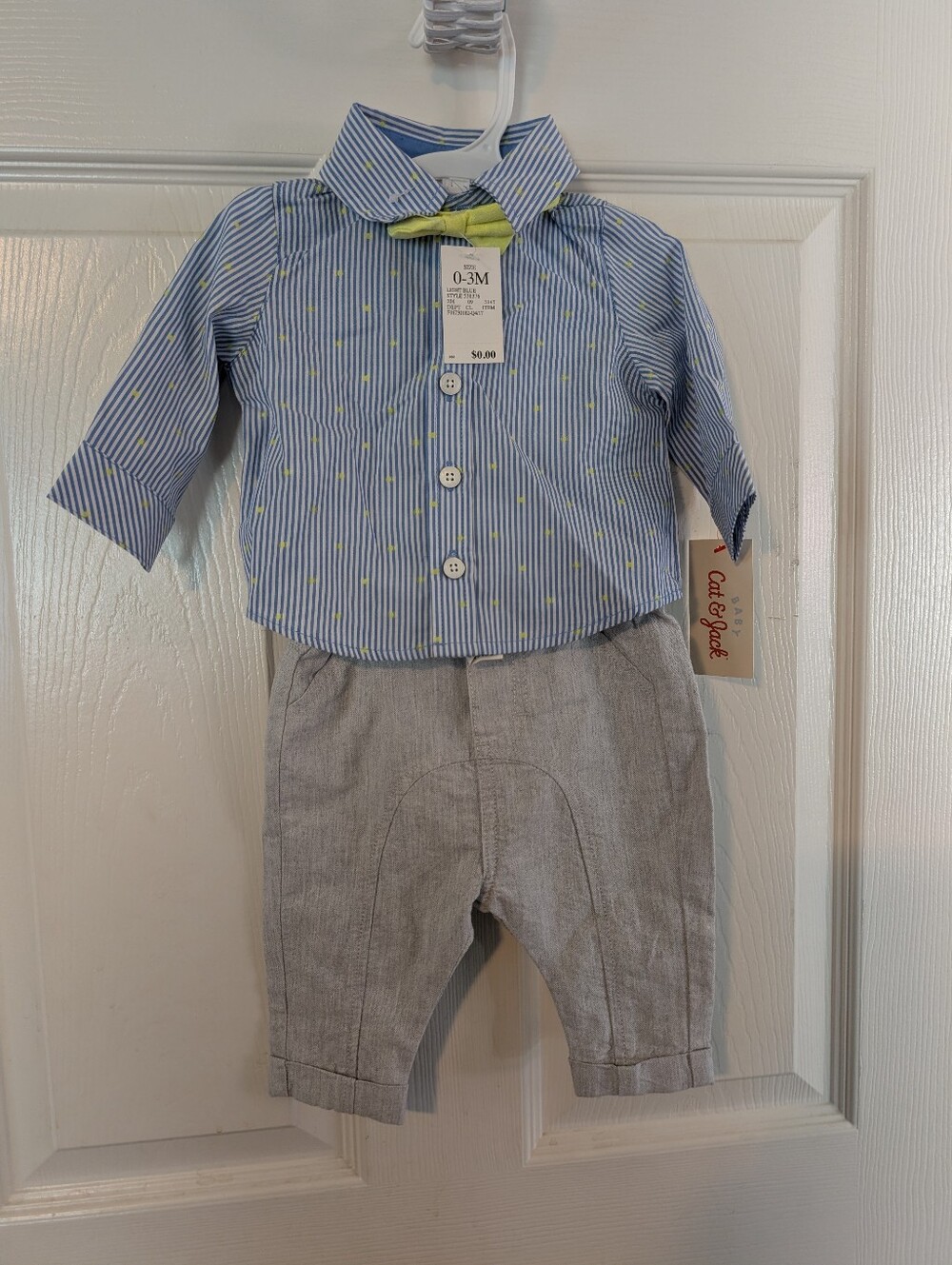 NWT Cat And Baby Boy Blue Stripe Shirt with Lime Bow Tie and Gray Pants Set